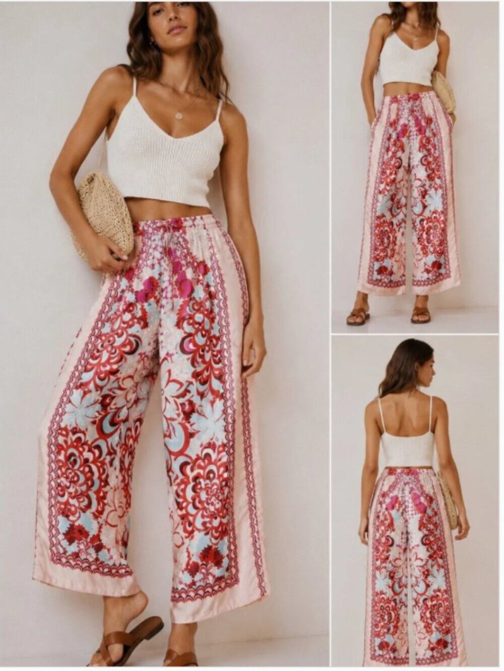 Zara Patchwork Print Cropped Wide Leg Pants Boho Satin Pink NWT XXL